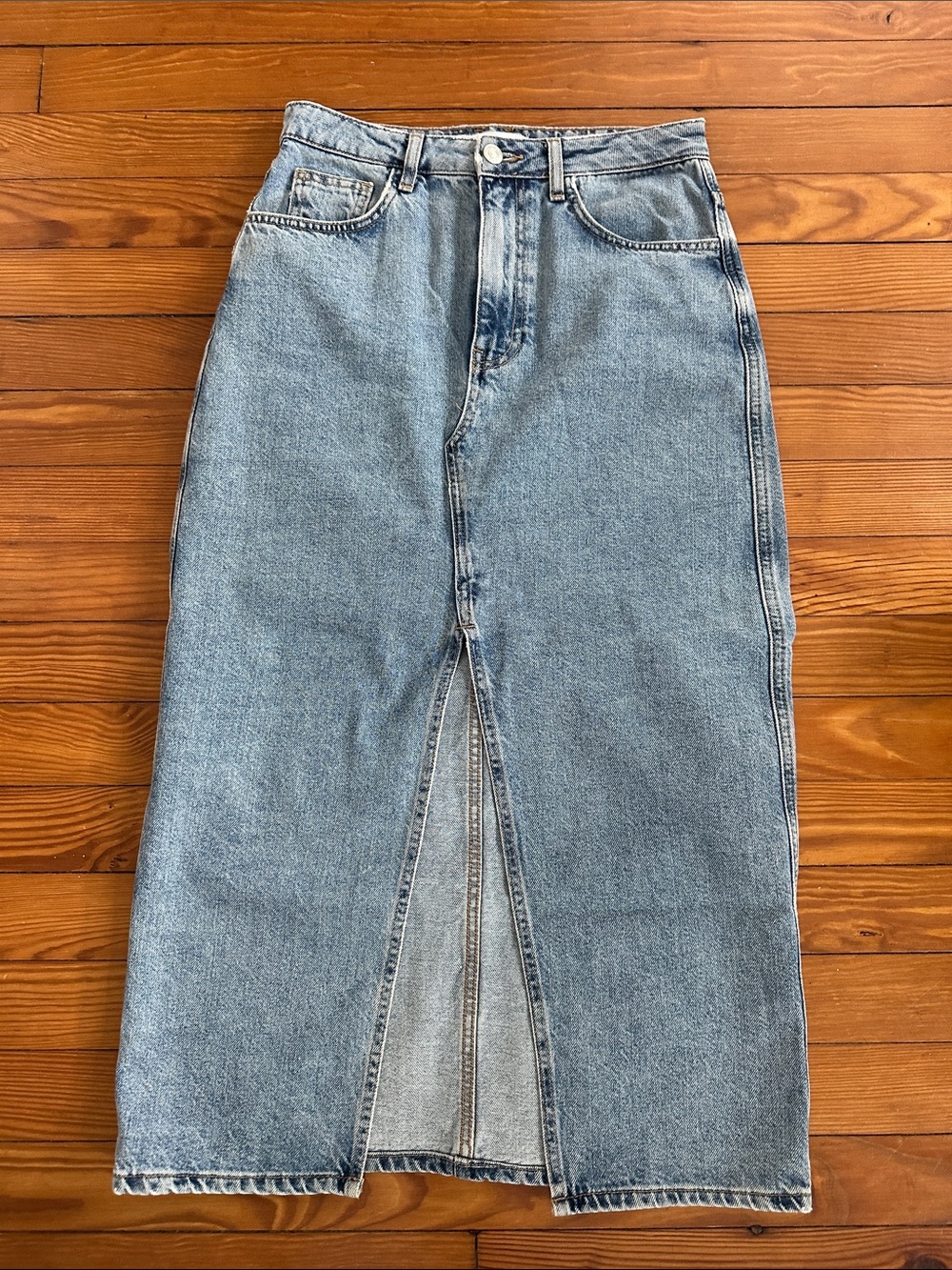 Mango Light Blue Denim Midi Skirt with Front Slit